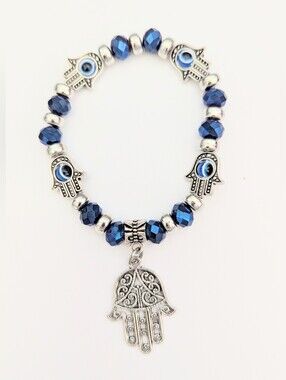 NWOT Blue & Silver-Tone Evil Eye Stretch Beaded Bracelet w/Dangling Hamsa
